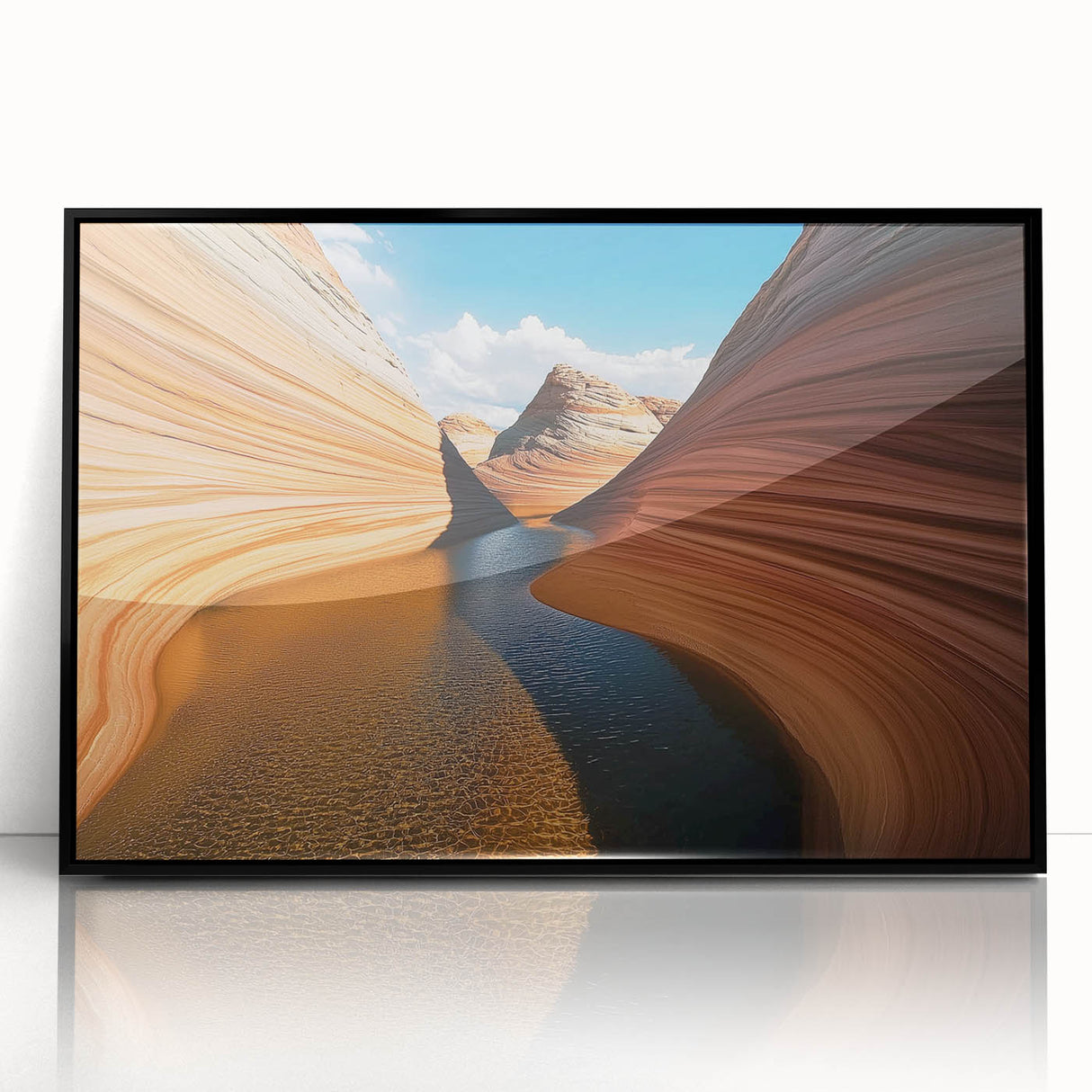 Framed acrylic landscape artwork showcasing vibrant canyons in rich earth tones, featuring a sleek black frame, ideal for modern home decor and art enthusiasts.