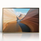 Framed acrylic artwork showcasing a stunning landscape of canyons in vibrant gold tones, perfect for elevating modern home decor with its dramatic scenery and elegant finish.