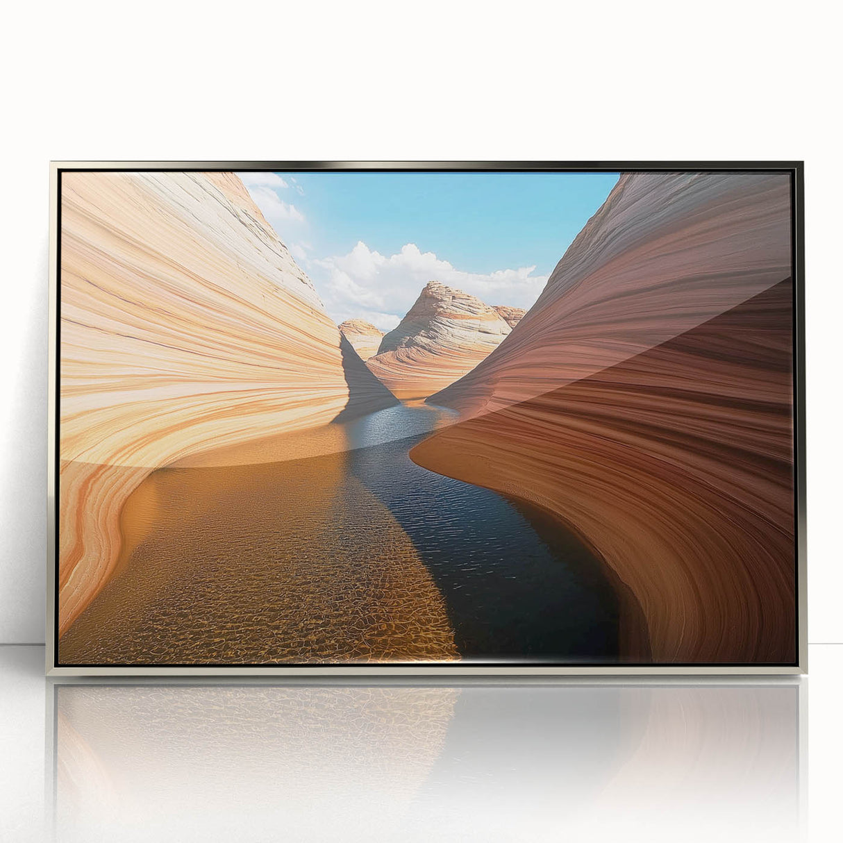 Framed acrylic artwork showcasing a stunning landscape of canyons in silver tones, perfect for modern home decor. Ideal for enhancing living spaces with natural beauty.