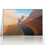 Framed acrylic art print showcasing a breathtaking landscape of canyons in vibrant colors, set against a sleek white frame, perfect for modern home decor.