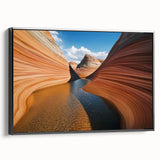 Framed canvas artwork depicting a stunning landscape of canyons, showcasing rich earth tones and intricate details, presented with a sleek black frame, enhancing any decor.