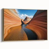 Framed canvas art depicting a breathtaking landscape of canyons, featuring rich gold accents on the frame, perfect for enhancing modern home decor.