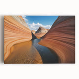Stretched canvas artwork depicting a vibrant landscape of canyons, showcasing rich earthy tones and dramatic rock formations, perfect for home decor.