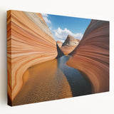 Stretched canvas artwork depicting a breathtaking landscape of colorful canyons under a dramatic sky, showcasing vibrant hues and natural textures. Perfect for nature enthusiasts and home decor.