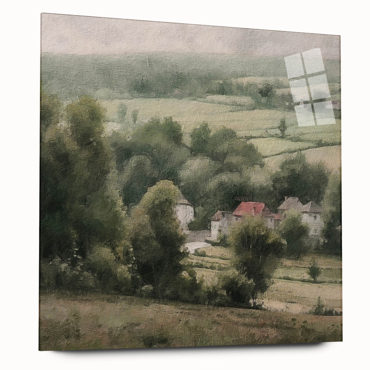 Landscape wall art depicting a serene countryside scene, displayed in a sleek acrylic frame. The artwork features lush green fields and a vibrant blue sky, enhancing any home decor.
