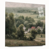 Landscape wall art depicting a serene countryside scene, displayed in a sleek acrylic frame. The artwork features lush green fields and a vibrant blue sky, enhancing any home decor.