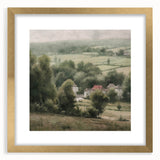 Landscape wall art featuring a tranquil countryside scene, framed with a gold mat, showcasing vibrant colors and serene details perfect for home decor.