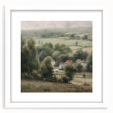 Framed landscape wall art depicting a serene countryside scene, featuring vibrant green fields and a clear blue sky, presented with a white mat for an elegant finish.