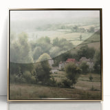 Framed acrylic wall art depicting a serene landscape of rolling hills and vibrant greenery, accented with a chic gold frame, perfect for enhancing home decor.