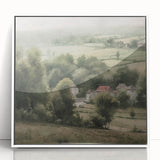 Framed acrylic wall art showcasing a serene countryside landscape, featuring lush green fields, a clear blue sky, and a rustic farmhouse, set in a white frame for elegant decor.