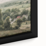 Framed canvas wall art depicting a vibrant countryside landscape with lush green fields and a serene blue sky, perfect for enhancing home decor.