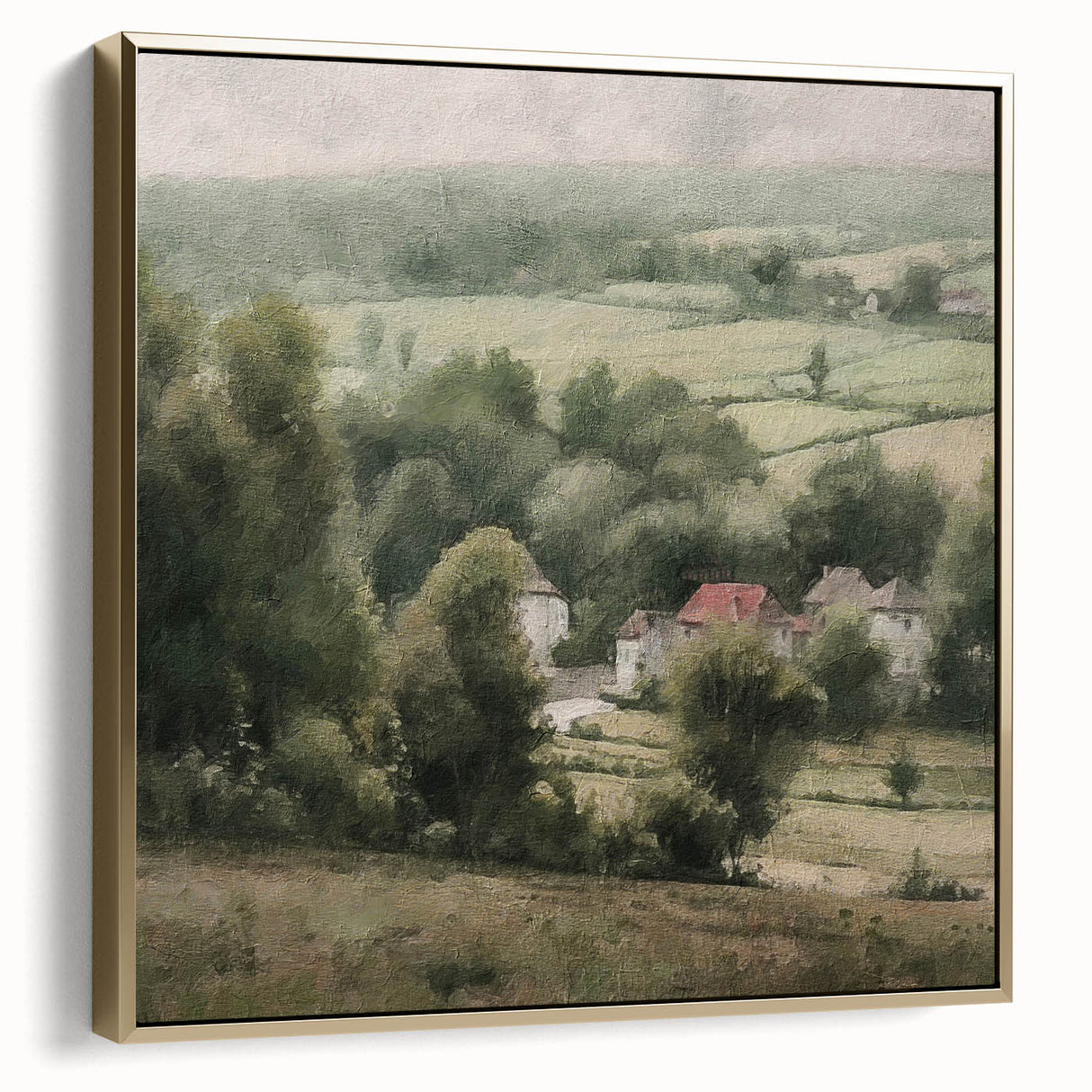 Framed landscape wall art depicting a serene countryside scene with soft golden hues and silver accents, perfect for adding elegance to home decor.