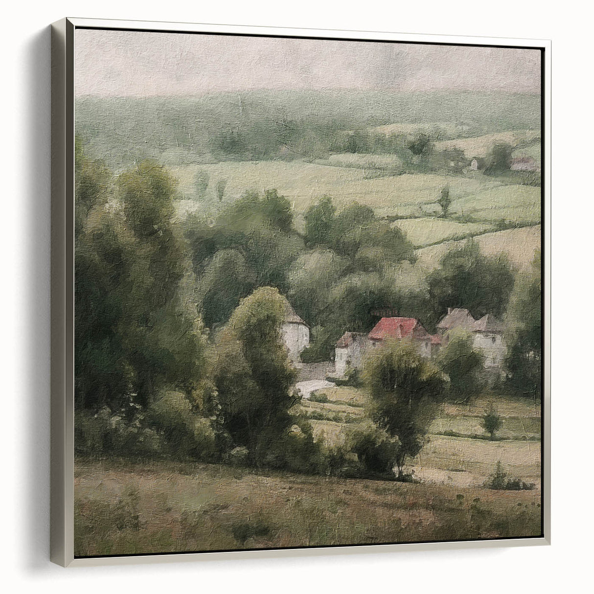 Framed canvas wall art showcasing a serene countryside landscape, featuring lush greenery and a tranquil sky, accented with a sleek silver frame for a modern touch. Perfect for home decor, this artwork adds a peaceful ambiance to any room.