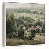 Framed landscape wall art depicting a serene countryside scene, featuring lush green fields and a clear blue sky, presented in a sleek white frame. This elegant decor piece enhances home interiors with its calming nature theme.