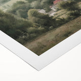 Landscape wall art printed on rolled canvas, depicting a serene countryside scene with vibrant green fields and a blue sky, ideal for home decor.