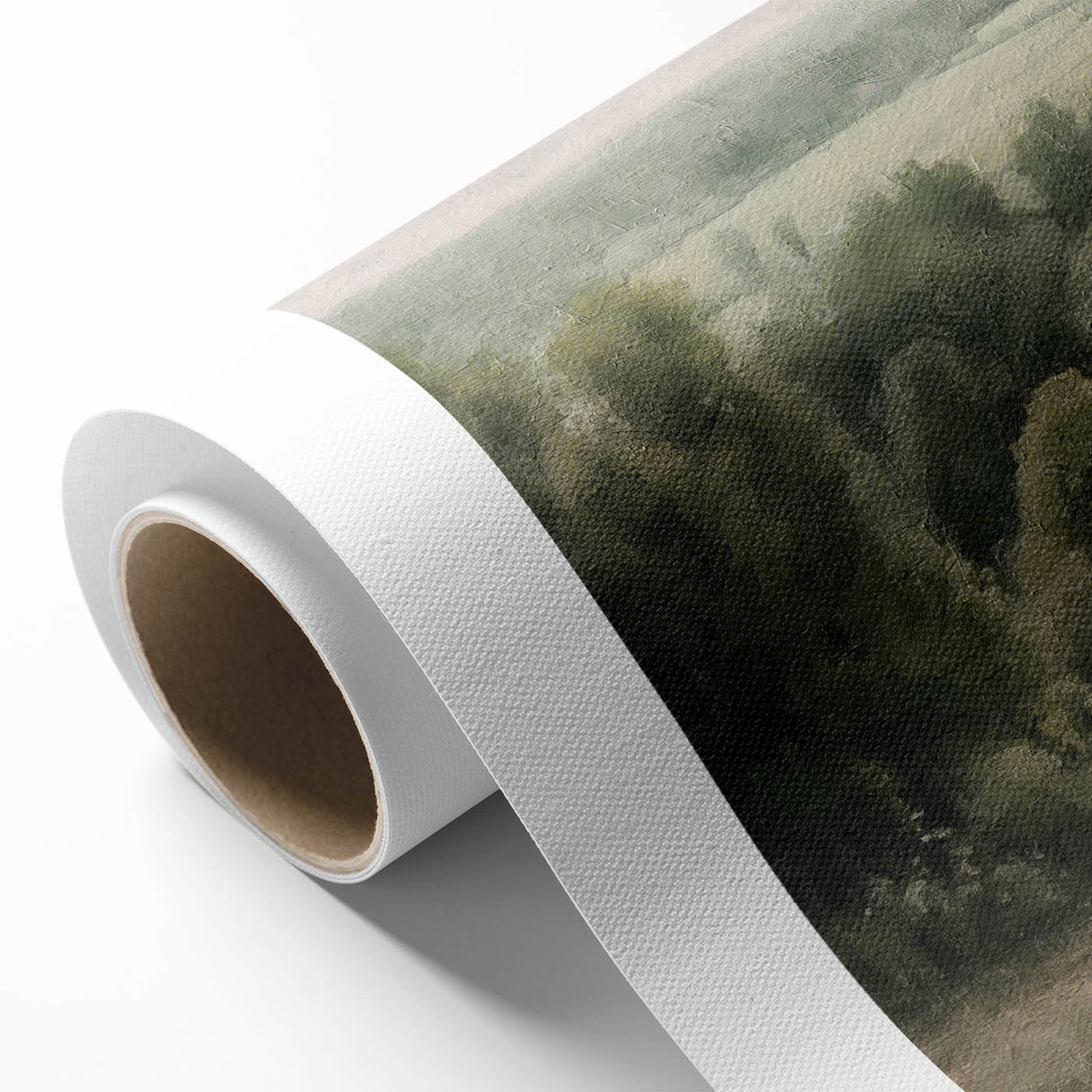 Landscape wall art on rolled canvas showcasing a serene countryside scene with vibrant green fields and a clear blue sky, ideal for home decor.
