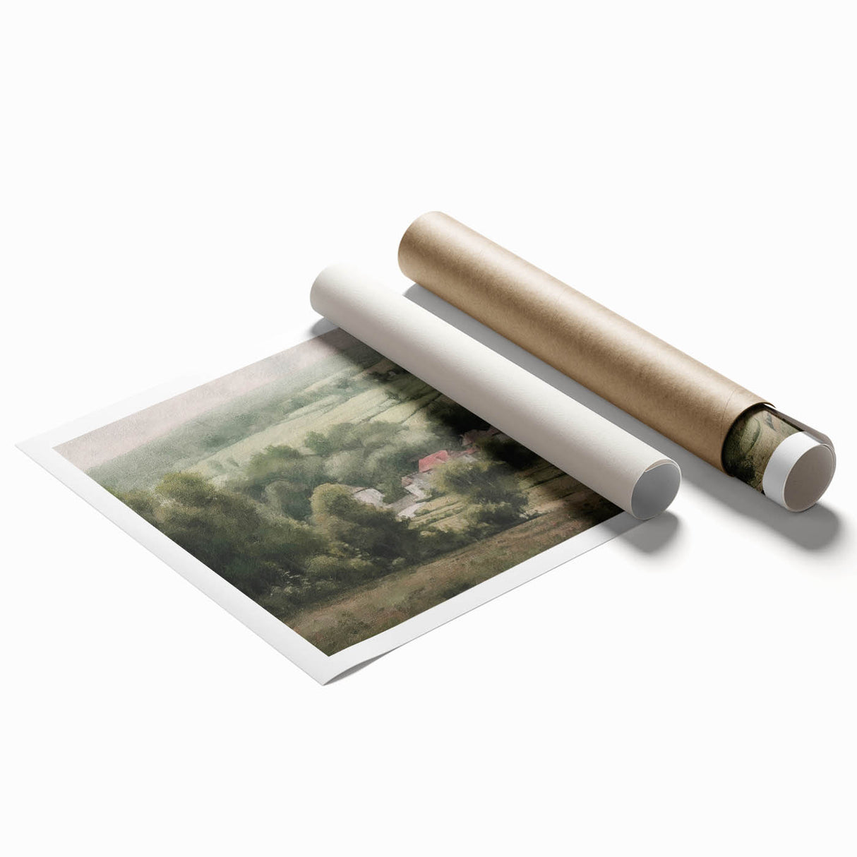 Landscape wall art print showcasing a serene countryside scene with lush green fields and a vibrant sky, rolled and ready for framing, perfect for home decor.