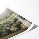 Vibrant landscape wall art print showcasing a serene countryside scene with rolling hills and a colorful sky, rolled and ready for display or framing.