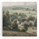 Stretched canvas wall art depicting a serene countryside landscape, featuring vibrant green fields under a bright blue sky, perfect for home decor.