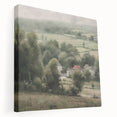 Stretched canvas wall art showcasing a serene landscape of rolling hills and vibrant green fields under a bright blue sky, perfect for home decor.