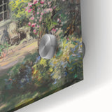 Close-up of a vibrant acrylic landscape artwork on glass, showcasing rich colors and intricate details, perfect for modern home decor and artistic displays.