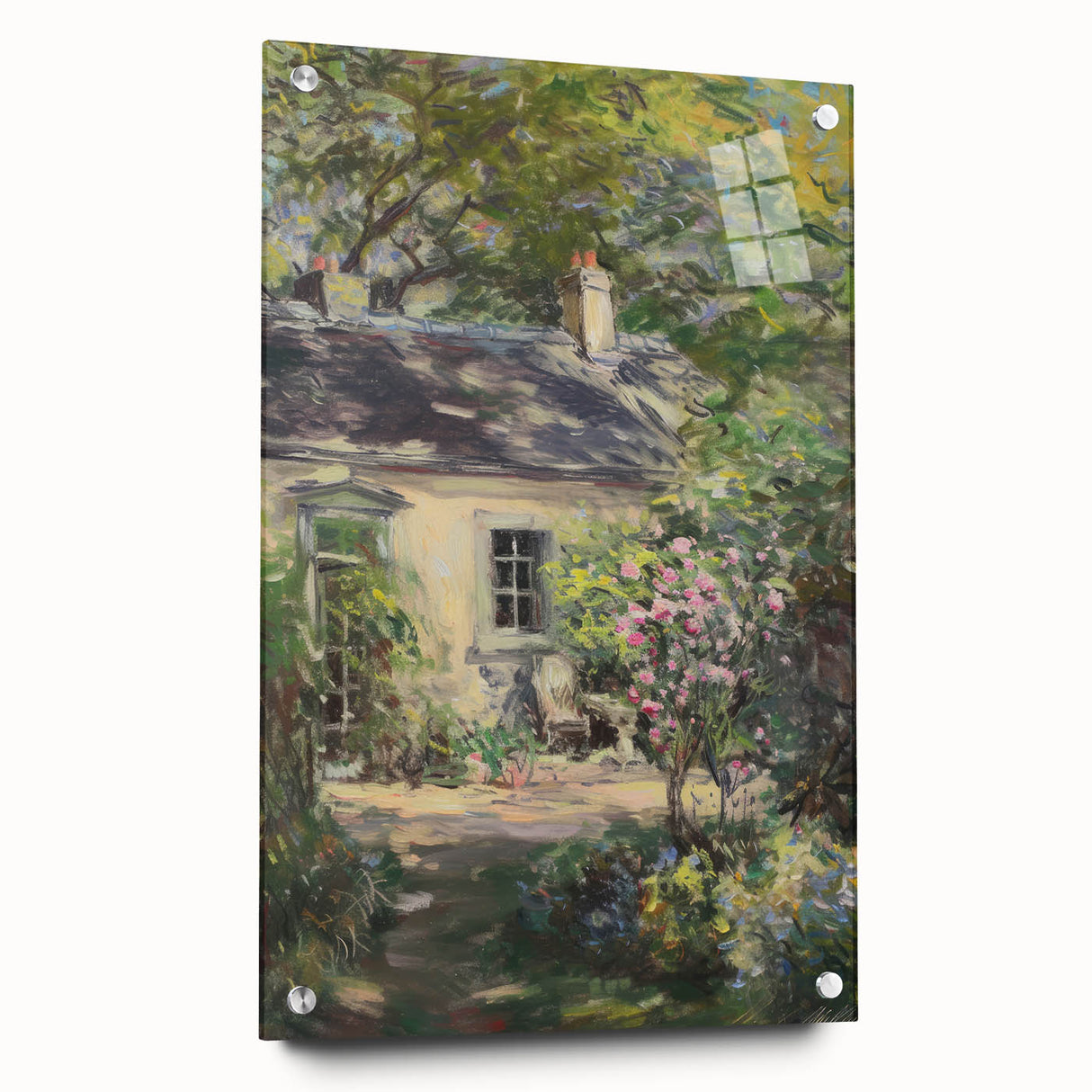 Acrylic glass landscape artwork showcasing a vibrant and detailed side view, secured with decorative pins, perfect for modern home decor and art enthusiasts.