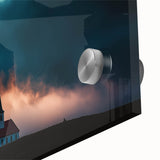 Close-up view of a vibrant acrylic landscape artwork depicting a serene countryside scene, showcasing lush green fields and a clear blue sky, perfect for home decor.