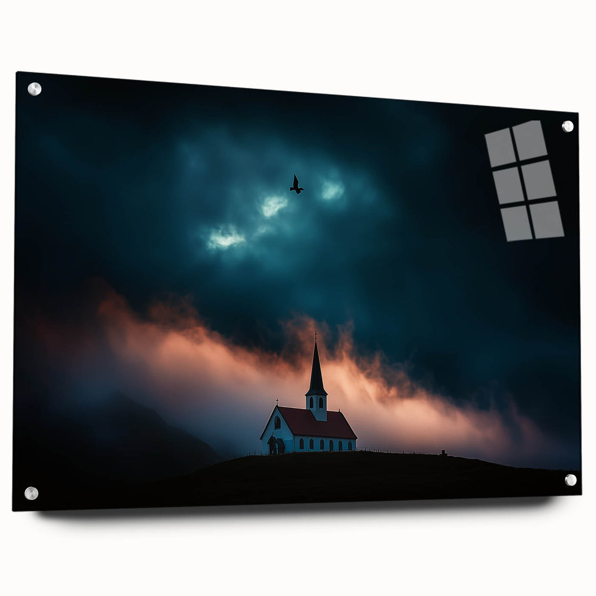 Acrylic landscape artwork depicting a serene countryside scene, showcasing vibrant colors and intricate details, displayed with clear acrylic and pins for a modern touch.