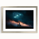 Elegant silver-framed landscape artwork showcasing a serene countryside scene, complete with a white mat that enhances the visual appeal, perfect for home decor.