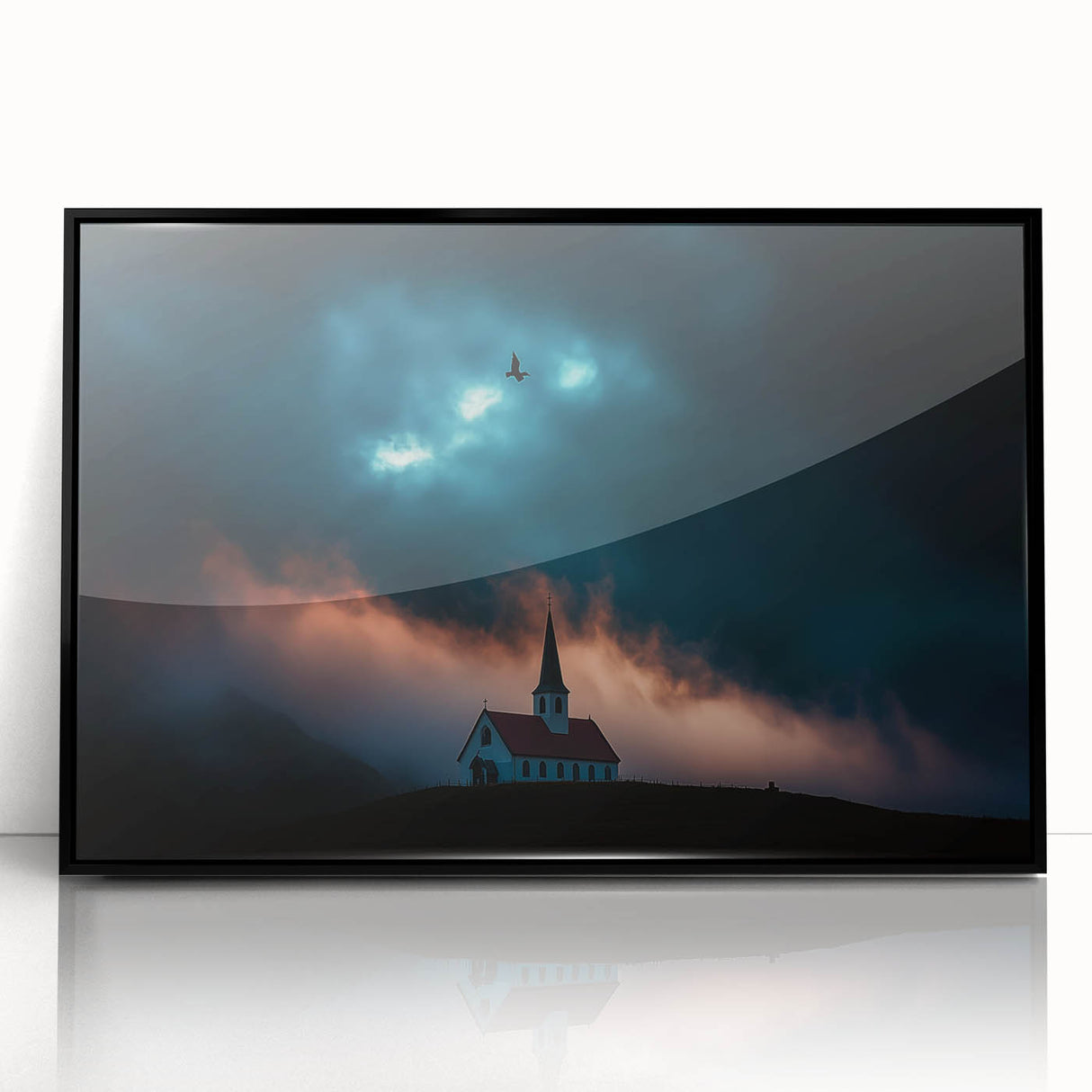Framed acrylic landscape artwork depicting a serene countryside scene with lush greenery and rolling hills, presented in a sleek black frame for modern decor.