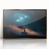 Framed acrylic artwork showcasing a serene countryside landscape, featuring vibrant green hills and a tranquil blue sky, elegantly set in a gold frame.