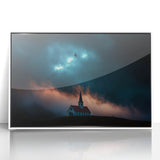 Framed acrylic landscape artwork depicting a serene countryside scene, featuring vibrant green fields and a clear blue sky, set in a sleek white frame.