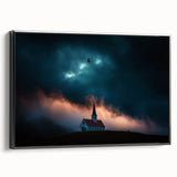 Framed canvas artwork depicting a serene countryside landscape with rolling hills and vibrant greenery, featuring a sleek black frame for a modern touch.