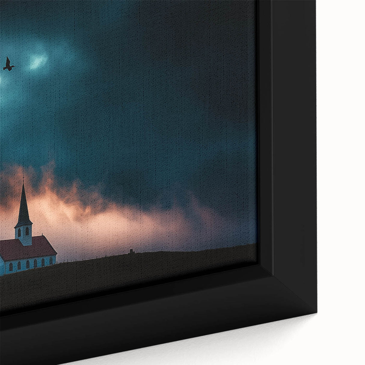 Close-up of a framed canvas depicting a serene countryside landscape, showcasing vibrant greens and blues, ideal for home decor or art enthusiasts.
