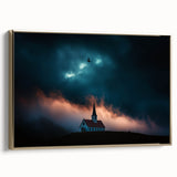 Framed canvas artwork depicting a serene countryside landscape with vibrant green fields and a clear blue sky, accented by a gold frame, ideal for home decor.