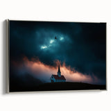 Framed canvas depicting a serene countryside landscape with rolling hills and a vibrant sky, featuring a sleek silver frame that enhances its elegance and charm.