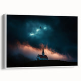 Framed canvas artwork showcasing a serene countryside landscape with rolling hills and vibrant greenery, presented in a sleek white frame for a modern touch.