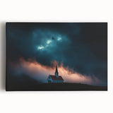 Stretched canvas artwork depicting a serene countryside landscape with rolling hills, vibrant green fields, and a clear blue sky, perfect for home decor.