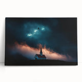 Stretched canvas artwork depicting a serene countryside landscape, featuring lush greenery, rolling hills, and a vibrant sky, perfect for home decor.