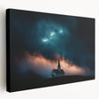 Stretched canvas artwork depicting a serene countryside landscape in vibrant colors, showcasing green fields, rolling hills, and a clear blue sky, perfect for home decor.