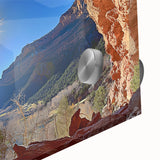 Close-up view of a vibrant desert landscape print on acrylic glass, showcasing rich colors and intricate details, ideal for modern home decor.