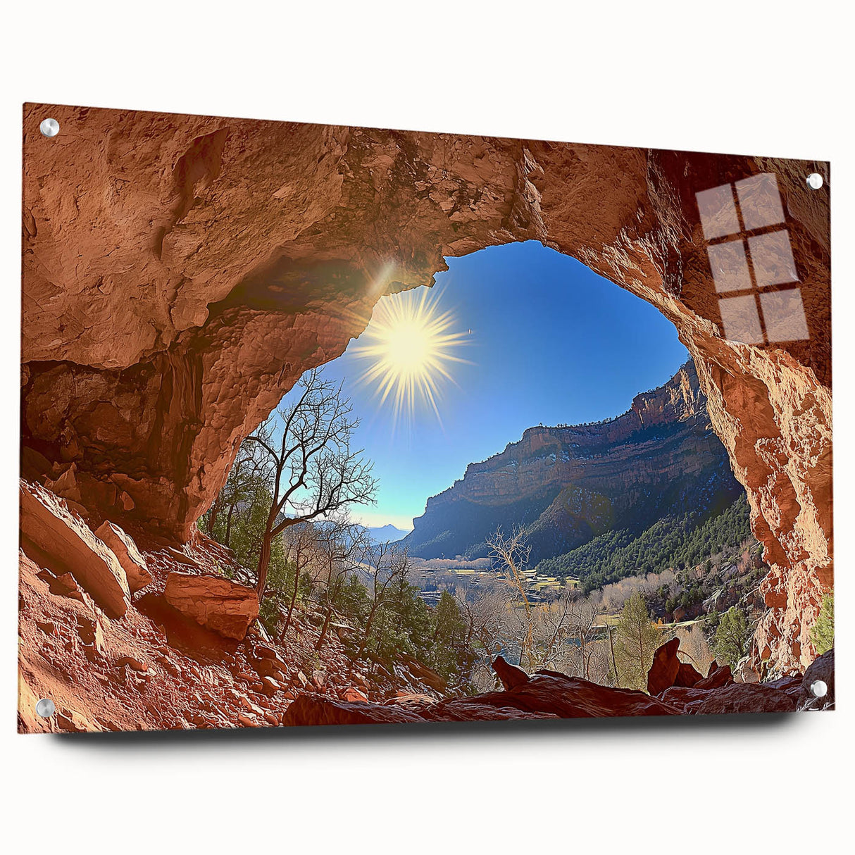 Acrylic glass landscape artwork depicting a vibrant desert scene with striking colors, mounted with pins for a contemporary display in home decor.