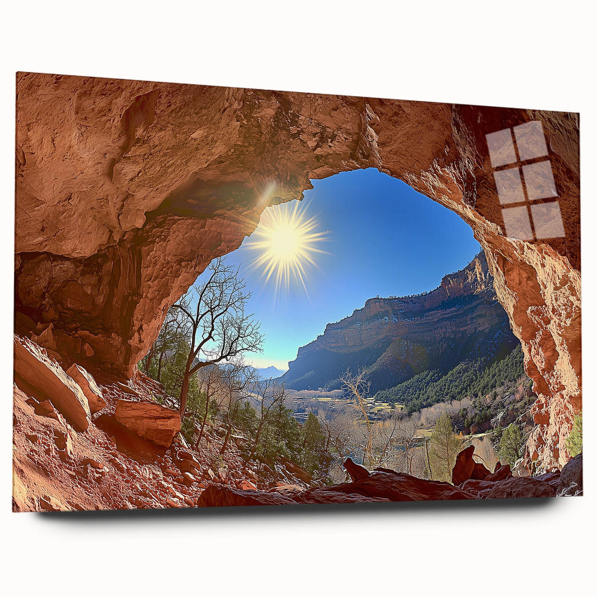 Acrylic glass landscape art depicting a serene desert scene, highlighting warm beige and orange tones, presented in a side view without pins for a modern display.