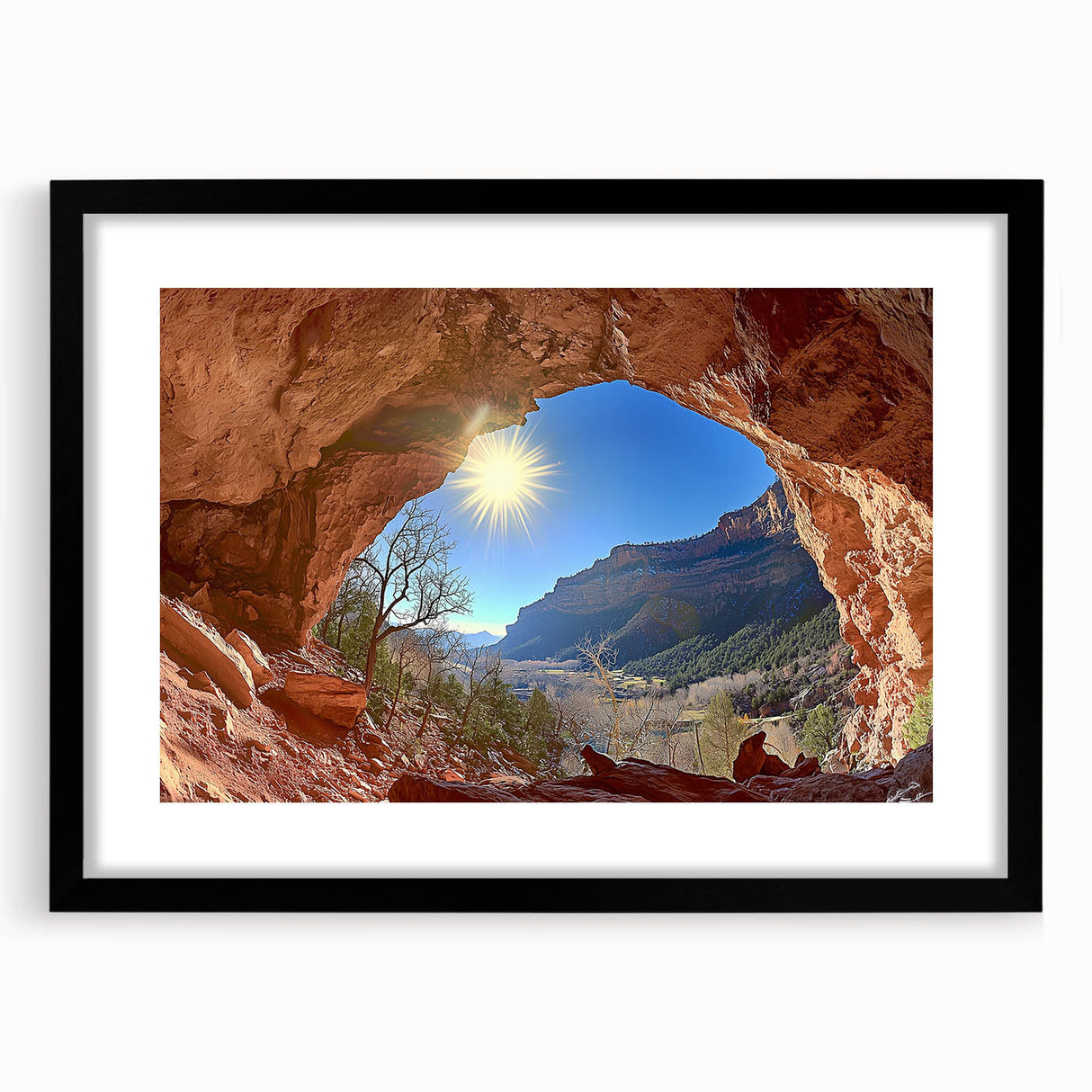Framed desert landscape artwork in a sleek black frame with a white mat, showcasing vibrant colors and intricate details, perfect for modern home decor.