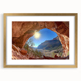 Framed desert landscape artwork with a gold mat, showcasing warm tones and intricate details, perfect for enhancing modern home decor or office spaces.