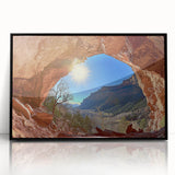 Framed acrylic artwork showcasing a vibrant desert landscape with rich colors and intricate details, presented in a sleek black frame for modern decor. Ideal for enhancing living spaces with a touch of nature-inspired elegance.