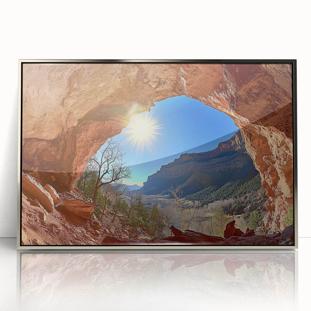 Framed acrylic artwork showcasing a stunning desert landscape with vibrant colors and intricate details, ideal for home or office decor.