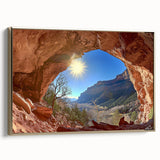 Framed canvas artwork showcasing a stunning desert landscape with warm golden hues, elegantly displayed from a side view, perfect for home decor enhancement.