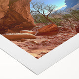 Desert landscape rolled canvas artwork showcasing vibrant orange and yellow hues, depicting a serene sunset over dunes, elegantly packaged in a protective tube.