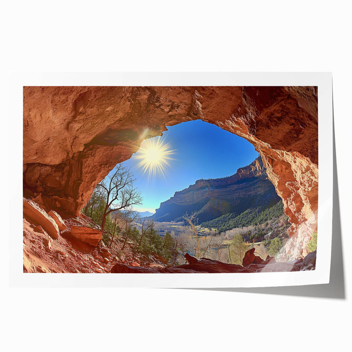Desert landscape rolled print showcasing vibrant hues of orange and yellow with intricate details, elegantly packaged in a durable cardboard tube for preservation. Perfect for home decor or art enthusiasts seeking a touch of nature's beauty.